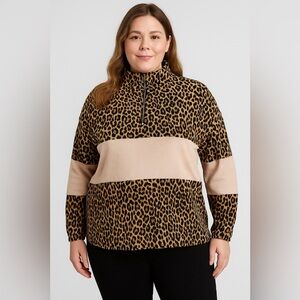 White Birch Leopard Print Quarter-Zip Pullover (Size 1X)